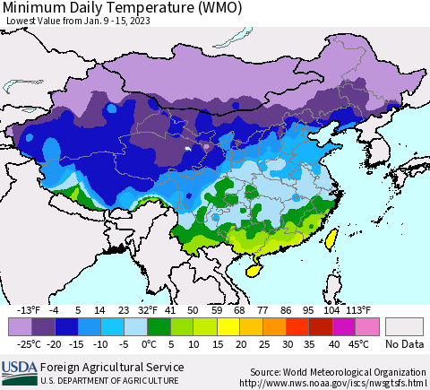 China, Mongolia and Taiwan Minimum Daily Temperature (WMO) Thematic Map For 1/9/2023 - 1/15/2023