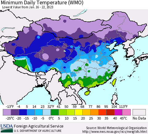 China, Mongolia and Taiwan Minimum Daily Temperature (WMO) Thematic Map For 1/16/2023 - 1/22/2023