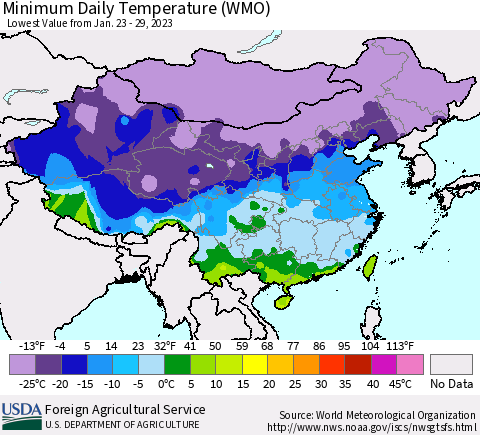 China, Mongolia and Taiwan Minimum Daily Temperature (WMO) Thematic Map For 1/23/2023 - 1/29/2023