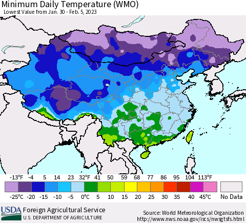 China, Mongolia and Taiwan Minimum Daily Temperature (WMO) Thematic Map For 1/30/2023 - 2/5/2023