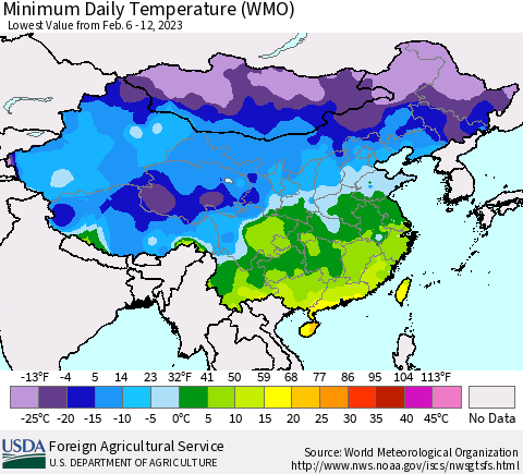 China, Mongolia and Taiwan Minimum Daily Temperature (WMO) Thematic Map For 2/6/2023 - 2/12/2023