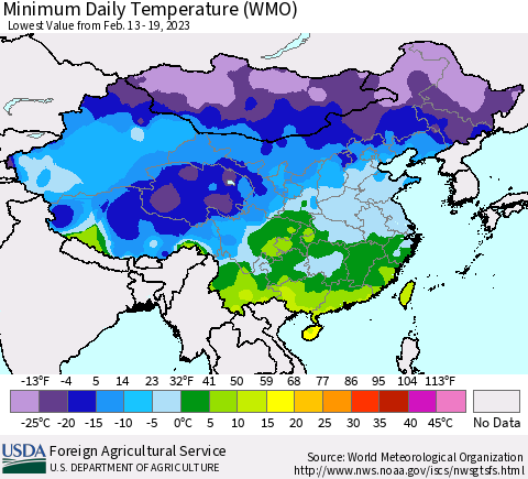 China, Mongolia and Taiwan Minimum Daily Temperature (WMO) Thematic Map For 2/13/2023 - 2/19/2023