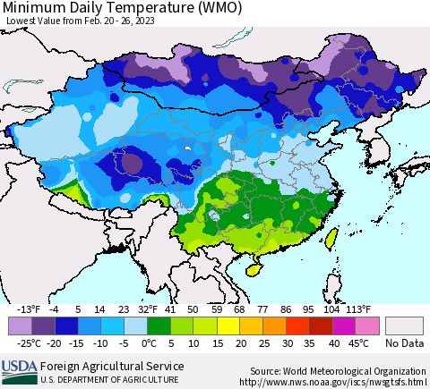 China, Mongolia and Taiwan Minimum Daily Temperature (WMO) Thematic Map For 2/20/2023 - 2/26/2023