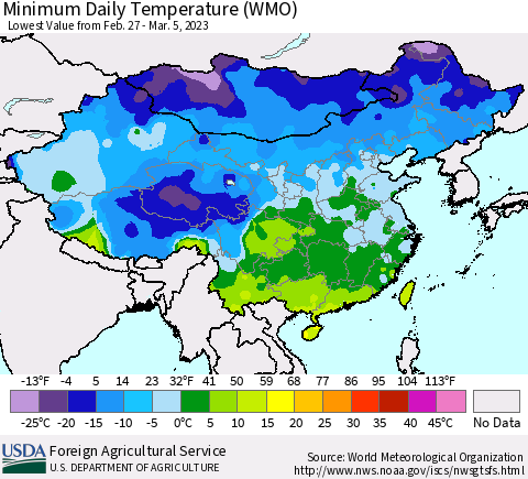 China, Mongolia and Taiwan Minimum Daily Temperature (WMO) Thematic Map For 2/27/2023 - 3/5/2023