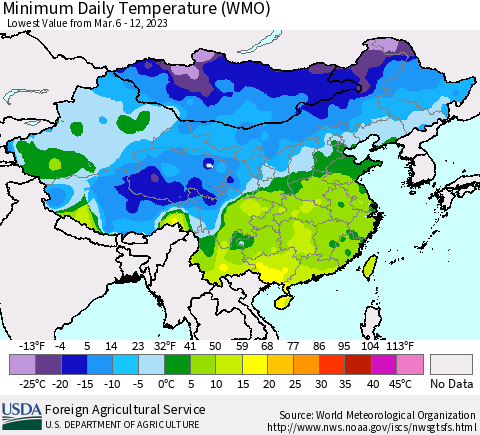 China, Mongolia and Taiwan Minimum Daily Temperature (WMO) Thematic Map For 3/6/2023 - 3/12/2023