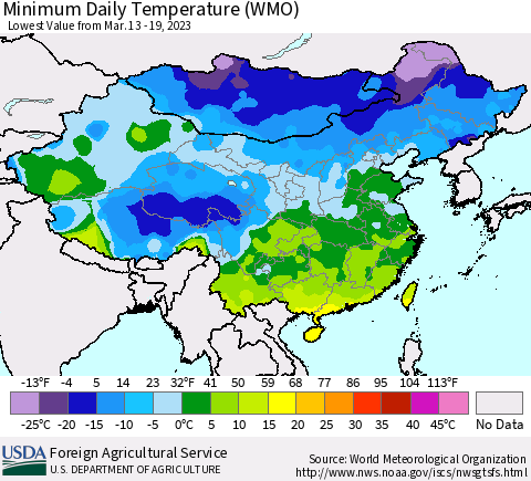 China, Mongolia and Taiwan Minimum Daily Temperature (WMO) Thematic Map For 3/13/2023 - 3/19/2023