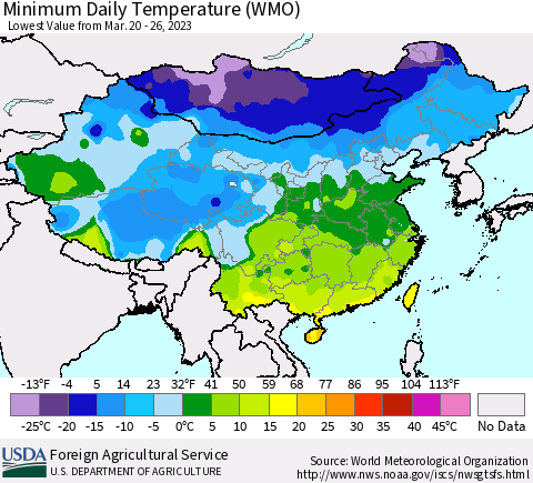 China, Mongolia and Taiwan Minimum Daily Temperature (WMO) Thematic Map For 3/20/2023 - 3/26/2023