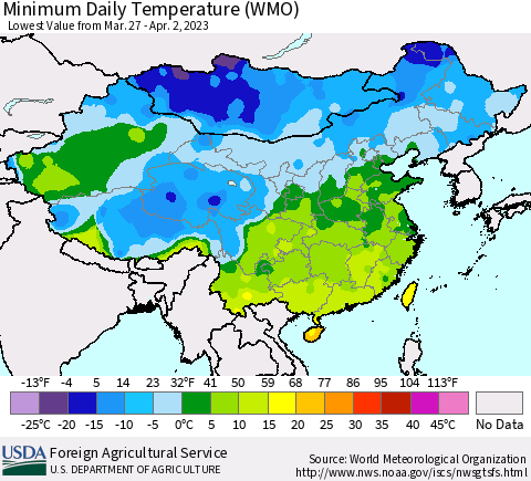 China, Mongolia and Taiwan Minimum Daily Temperature (WMO) Thematic Map For 3/27/2023 - 4/2/2023