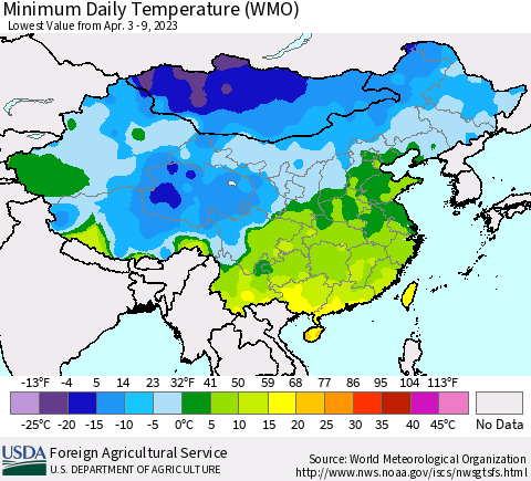 China, Mongolia and Taiwan Minimum Daily Temperature (WMO) Thematic Map For 4/3/2023 - 4/9/2023