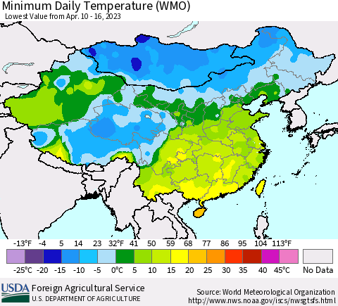China, Mongolia and Taiwan Minimum Daily Temperature (WMO) Thematic Map For 4/10/2023 - 4/16/2023