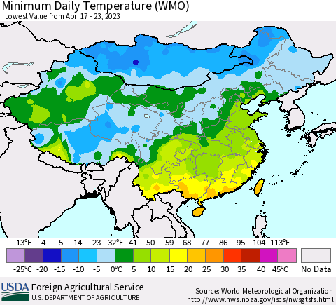 China, Mongolia and Taiwan Minimum Daily Temperature (WMO) Thematic Map For 4/17/2023 - 4/23/2023