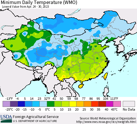 China, Mongolia and Taiwan Minimum Daily Temperature (WMO) Thematic Map For 4/24/2023 - 4/30/2023