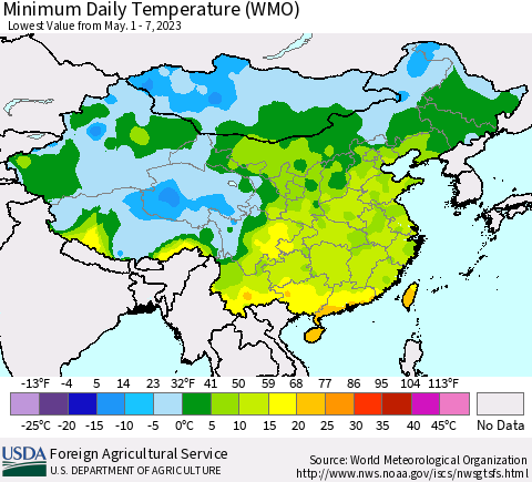 China, Mongolia and Taiwan Minimum Daily Temperature (WMO) Thematic Map For 5/1/2023 - 5/7/2023