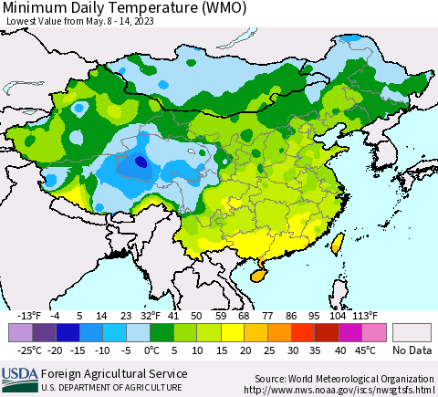 China, Mongolia and Taiwan Minimum Daily Temperature (WMO) Thematic Map For 5/8/2023 - 5/14/2023
