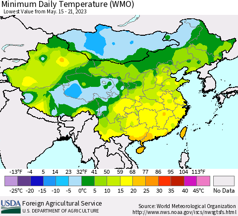 China, Mongolia and Taiwan Minimum Daily Temperature (WMO) Thematic Map For 5/15/2023 - 5/21/2023