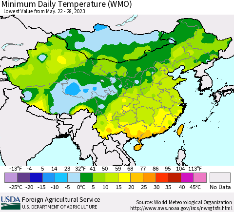 China, Mongolia and Taiwan Minimum Daily Temperature (WMO) Thematic Map For 5/22/2023 - 5/28/2023