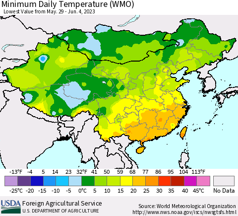 China, Mongolia and Taiwan Minimum Daily Temperature (WMO) Thematic Map For 5/29/2023 - 6/4/2023