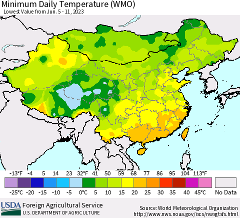 China, Mongolia and Taiwan Minimum Daily Temperature (WMO) Thematic Map For 6/5/2023 - 6/11/2023