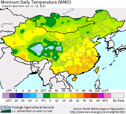 China, Mongolia and Taiwan Minimum Daily Temperature (WMO) Thematic Map For 6/12/2023 - 6/18/2023