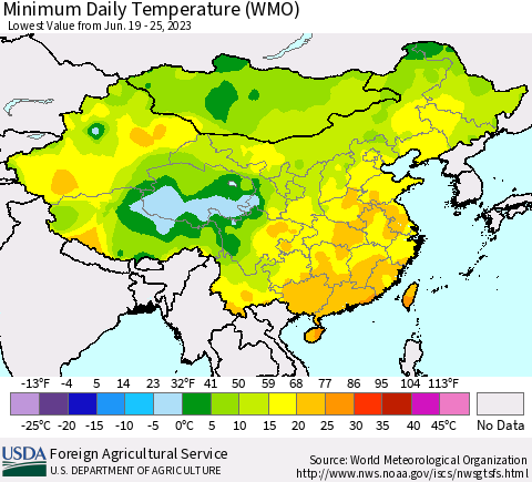 China, Mongolia and Taiwan Minimum Daily Temperature (WMO) Thematic Map For 6/19/2023 - 6/25/2023