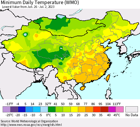 China, Mongolia and Taiwan Minimum Daily Temperature (WMO) Thematic Map For 6/26/2023 - 7/2/2023