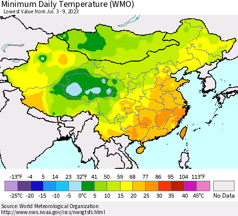China, Mongolia and Taiwan Minimum Daily Temperature (WMO) Thematic Map For 7/3/2023 - 7/9/2023