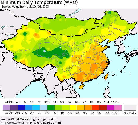 China, Mongolia and Taiwan Minimum Daily Temperature (WMO) Thematic Map For 7/10/2023 - 7/16/2023