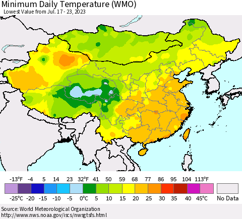 China, Mongolia and Taiwan Minimum Daily Temperature (WMO) Thematic Map For 7/17/2023 - 7/23/2023