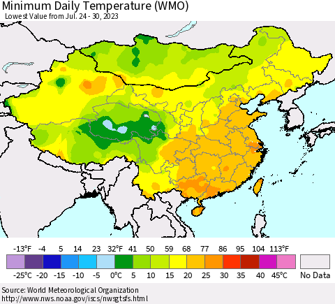 China, Mongolia and Taiwan Minimum Daily Temperature (WMO) Thematic Map For 7/24/2023 - 7/30/2023