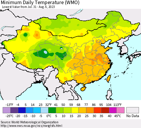 China, Mongolia and Taiwan Minimum Daily Temperature (WMO) Thematic Map For 7/31/2023 - 8/6/2023