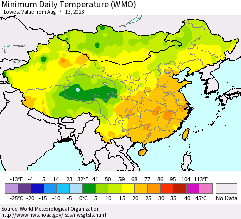 China, Mongolia and Taiwan Minimum Daily Temperature (WMO) Thematic Map For 8/7/2023 - 8/13/2023
