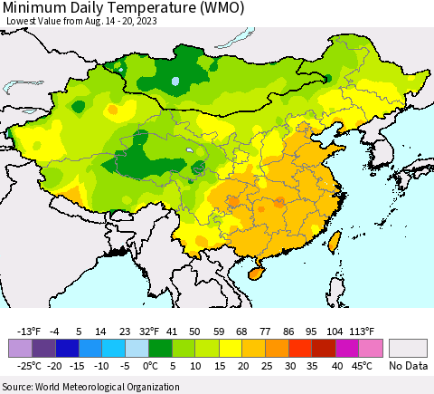 China, Mongolia and Taiwan Minimum Daily Temperature (WMO) Thematic Map For 8/14/2023 - 8/20/2023