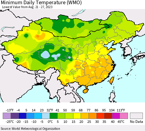 China, Mongolia and Taiwan Minimum Daily Temperature (WMO) Thematic Map For 8/21/2023 - 8/27/2023