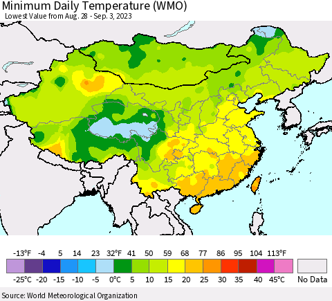 China, Mongolia and Taiwan Minimum Daily Temperature (WMO) Thematic Map For 8/28/2023 - 9/3/2023