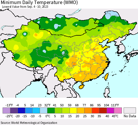 China, Mongolia and Taiwan Minimum Daily Temperature (WMO) Thematic Map For 9/4/2023 - 9/10/2023
