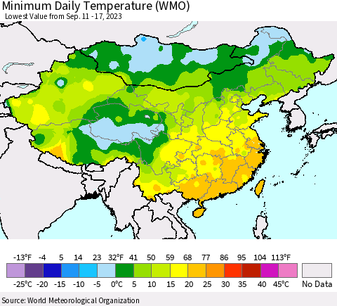 China, Mongolia and Taiwan Minimum Daily Temperature (WMO) Thematic Map For 9/11/2023 - 9/17/2023