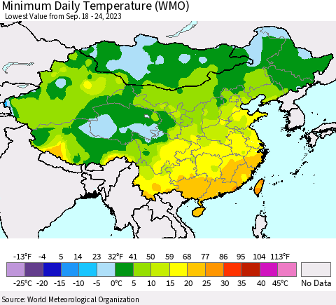 China, Mongolia and Taiwan Minimum Daily Temperature (WMO) Thematic Map For 9/18/2023 - 9/24/2023