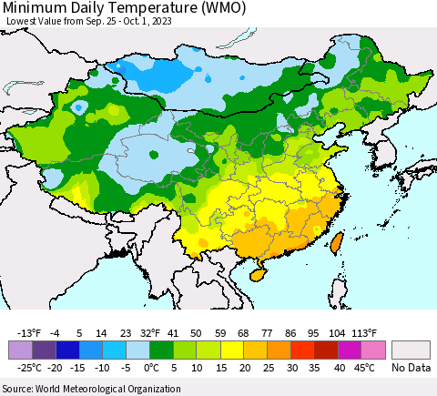 China, Mongolia and Taiwan Minimum Daily Temperature (WMO) Thematic Map For 9/25/2023 - 10/1/2023