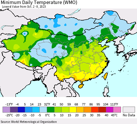 China, Mongolia and Taiwan Minimum Daily Temperature (WMO) Thematic Map For 10/2/2023 - 10/8/2023