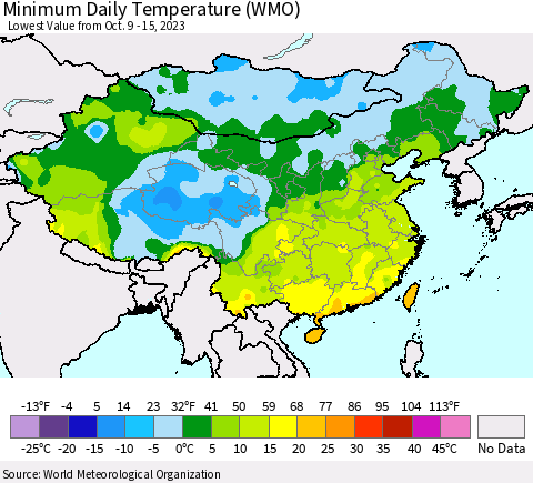 China, Mongolia and Taiwan Minimum Daily Temperature (WMO) Thematic Map For 10/9/2023 - 10/15/2023