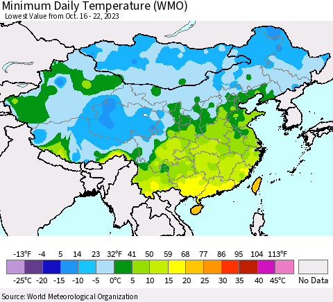 China, Mongolia and Taiwan Minimum Daily Temperature (WMO) Thematic Map For 10/16/2023 - 10/22/2023