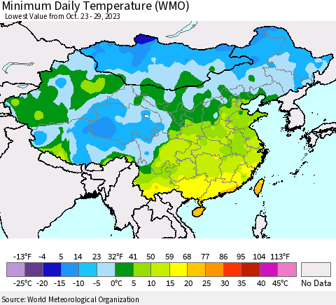 China, Mongolia and Taiwan Minimum Daily Temperature (WMO) Thematic Map For 10/23/2023 - 10/29/2023