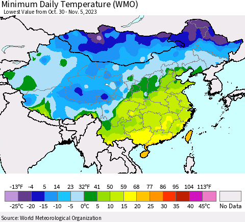 China, Mongolia and Taiwan Minimum Daily Temperature (WMO) Thematic Map For 10/30/2023 - 11/5/2023