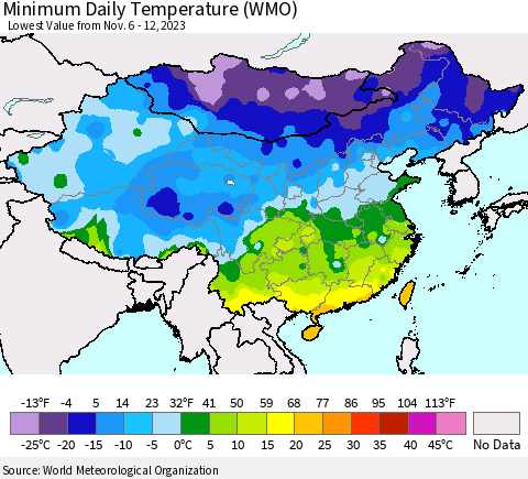 China, Mongolia and Taiwan Minimum Daily Temperature (WMO) Thematic Map For 11/6/2023 - 11/12/2023