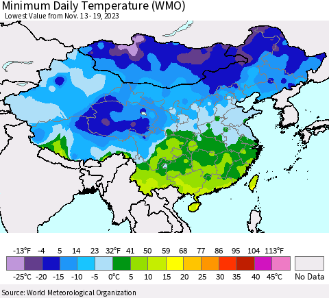 China, Mongolia and Taiwan Minimum Daily Temperature (WMO) Thematic Map For 11/13/2023 - 11/19/2023