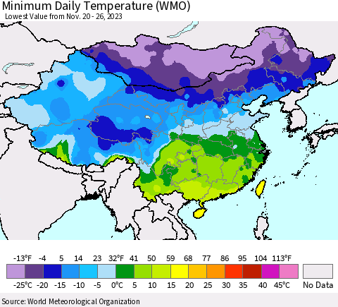 China, Mongolia and Taiwan Minimum Daily Temperature (WMO) Thematic Map For 11/20/2023 - 11/26/2023
