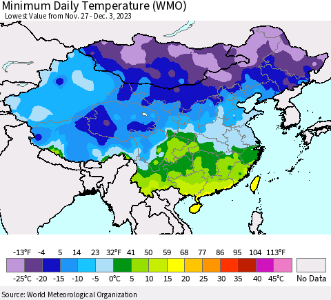 China, Mongolia and Taiwan Minimum Daily Temperature (WMO) Thematic Map For 11/27/2023 - 12/3/2023
