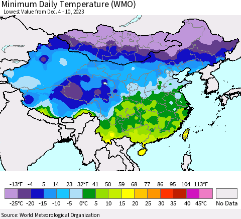 China, Mongolia and Taiwan Minimum Daily Temperature (WMO) Thematic Map For 12/4/2023 - 12/10/2023