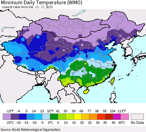 China, Mongolia and Taiwan Minimum Daily Temperature (WMO) Thematic Map For 12/11/2023 - 12/17/2023