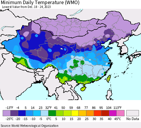 China, Mongolia and Taiwan Minimum Daily Temperature (WMO) Thematic Map For 12/18/2023 - 12/24/2023